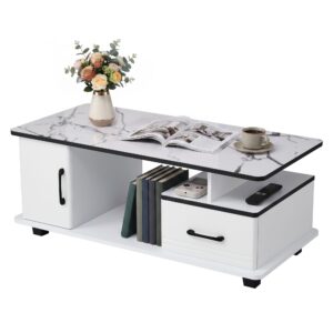 Artiss Coffee Table Marble Finish Center Table With Storage Drawer Cabinet Wood White Product Image