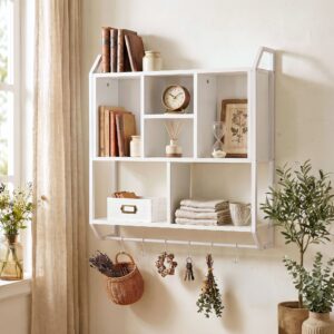 Artiss Floating Wall Shelf 6 Hooks Wall Mounted Storage Cubby Rack 73.5x74CM White product image