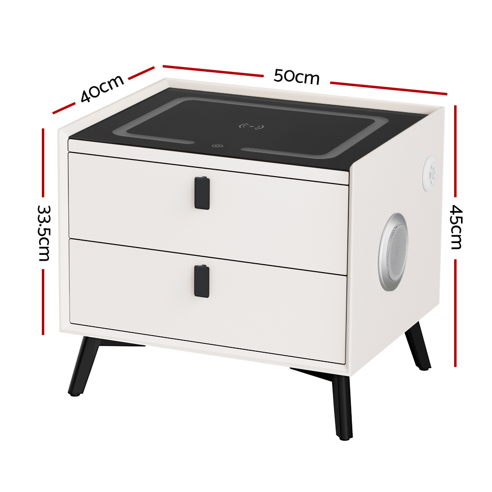 Artiss Aika Smart Bedside Table | Wireless Charging – Sumo Deals Artiss Smart Bedside Table 2 Drawers With Wireless Charging Ports Led White Aika Product Image