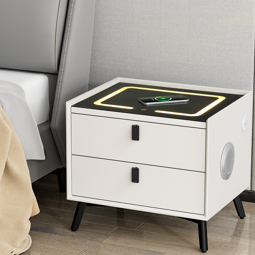 Artiss Aika Smart Bedside Table | Wireless Charging – Sumo Deals Artiss Smart Bedside Table 2 Drawers With Wireless Charging Ports Led White Aika Product Image
