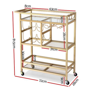 Artiss Gold Bar Cart | Drinks Trolley With Wine Rack – Sumo Deals Artiss Bar Cart Drinks Trolley Serving Wine Rack Glass Holder 3 Hooks 72Cm Gold Product Image
