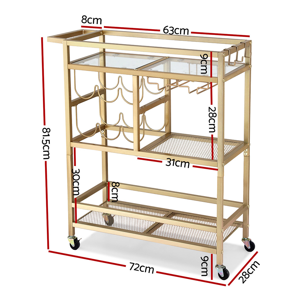 Artiss Gold Bar Cart | Drinks Trolley With Wine Rack – Sumo Deals Artiss Bar Cart Drinks Trolley Serving Wine Rack Glass Holder 3 Hooks 72Cm Gold Product Image
