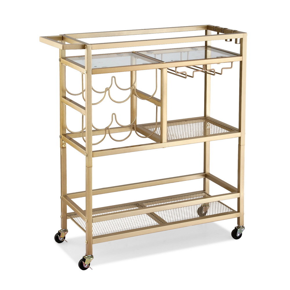Artiss Gold Bar Cart | Drinks Trolley With Wine Rack – Sumo Deals Artiss Bar Cart Drinks Trolley Serving Wine Rack Glass Holder 3 Hooks 72Cm Gold Product Image