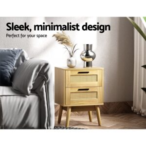 Artiss Rattan Bedside Table 2 Drawers Wood - Rie Oak Product Image