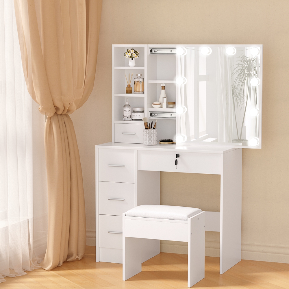 Artiss Dylan Dressing Table Set With Led Bulbs – Sumo Deals Artiss Dressing Table Set Stool 10 Led Bulbs White Dylan Product Image