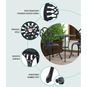 Gardeon 3Pc Outdoor Setting Bistro Set Chairs Table Cast Aluminum Patio Furniture Tulip Black Product Image