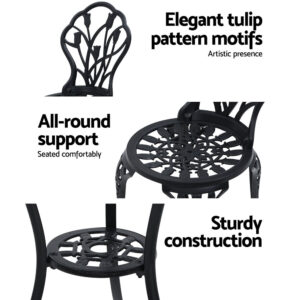 Gardeon 3Pc Outdoor Setting Bistro Set Chairs Table Cast Aluminum Patio Furniture Tulip Black Product Image