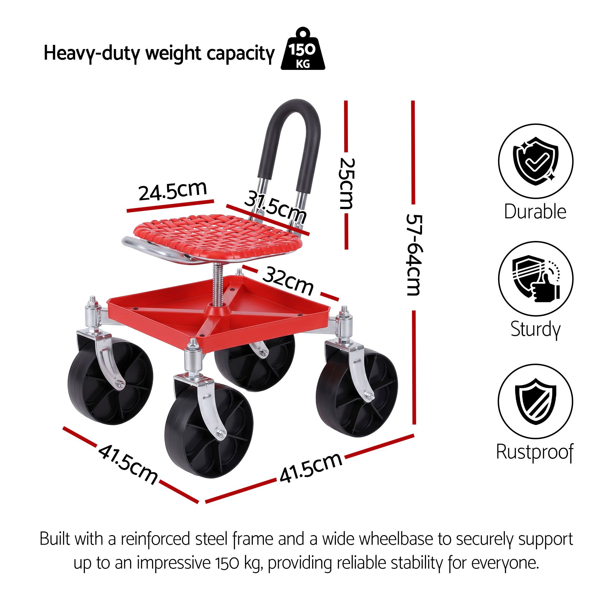 Gardeon Rolling Garden Cart Seat – Adjustable Red – Sumo Deals Gardeon Garden Cart Seat Rolling Stool 360 Swivel Height Adjustable Heavy Duty Red Product Image