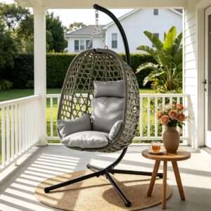 Gardeon Outdoor Swing Chair with Stand Cushion Rattan Furniture Grey product image