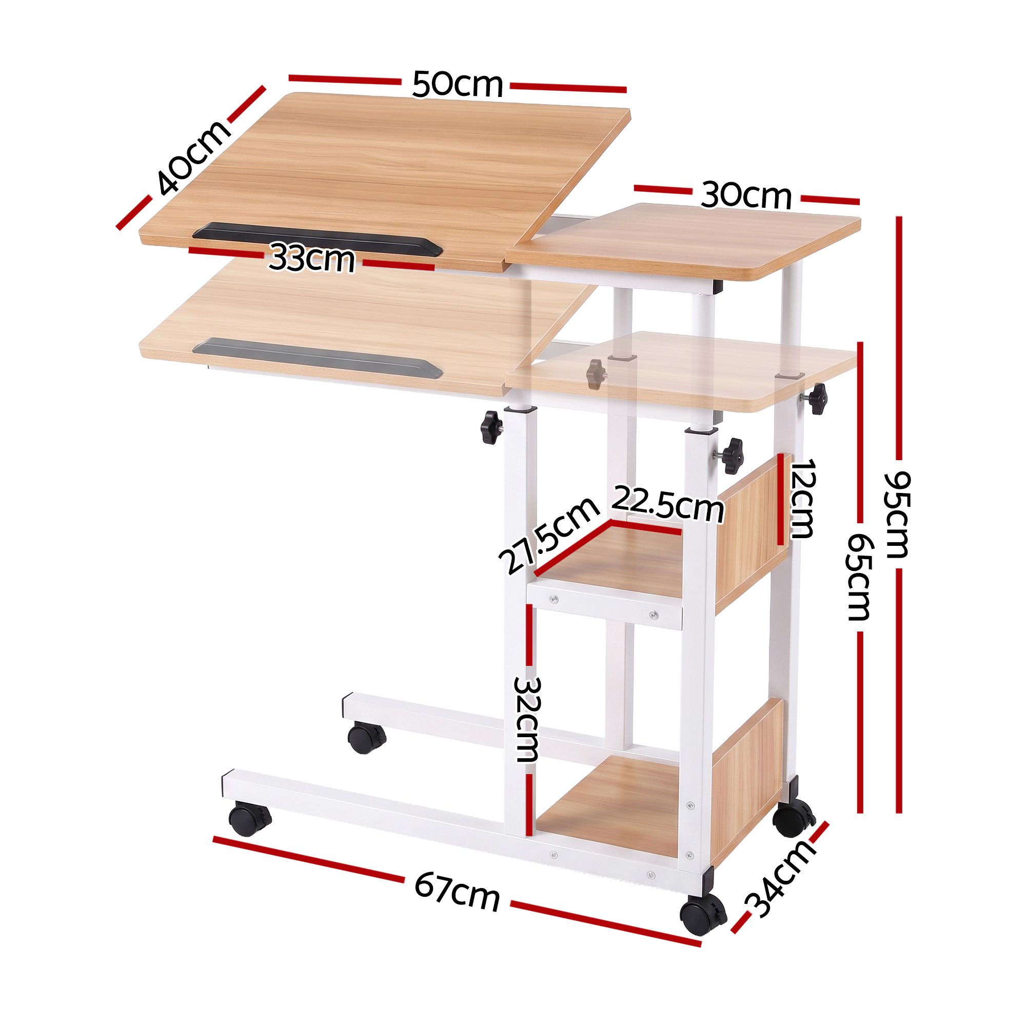 Artiss 3 Tier Adjustable Laptop Desk With Wheels, Oak – Sumo Deals Artiss 3 Tier Adjustable Laptop Desk Tiltable Mobile Side Table Wheels Oak Product Image
