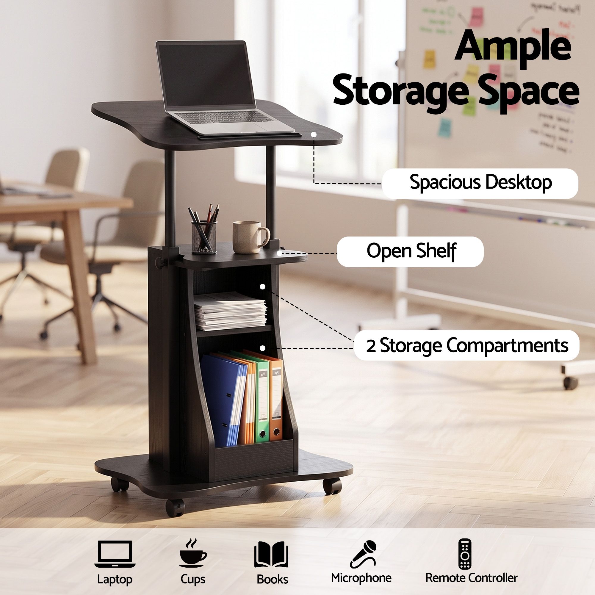 Artiss Mobile Podium Stand | Height Adjustable Black – Sumo Deals Artiss Mobile Podium Stand With Lockable Wheels Height Adjustable Laptop Desk Black Product Image