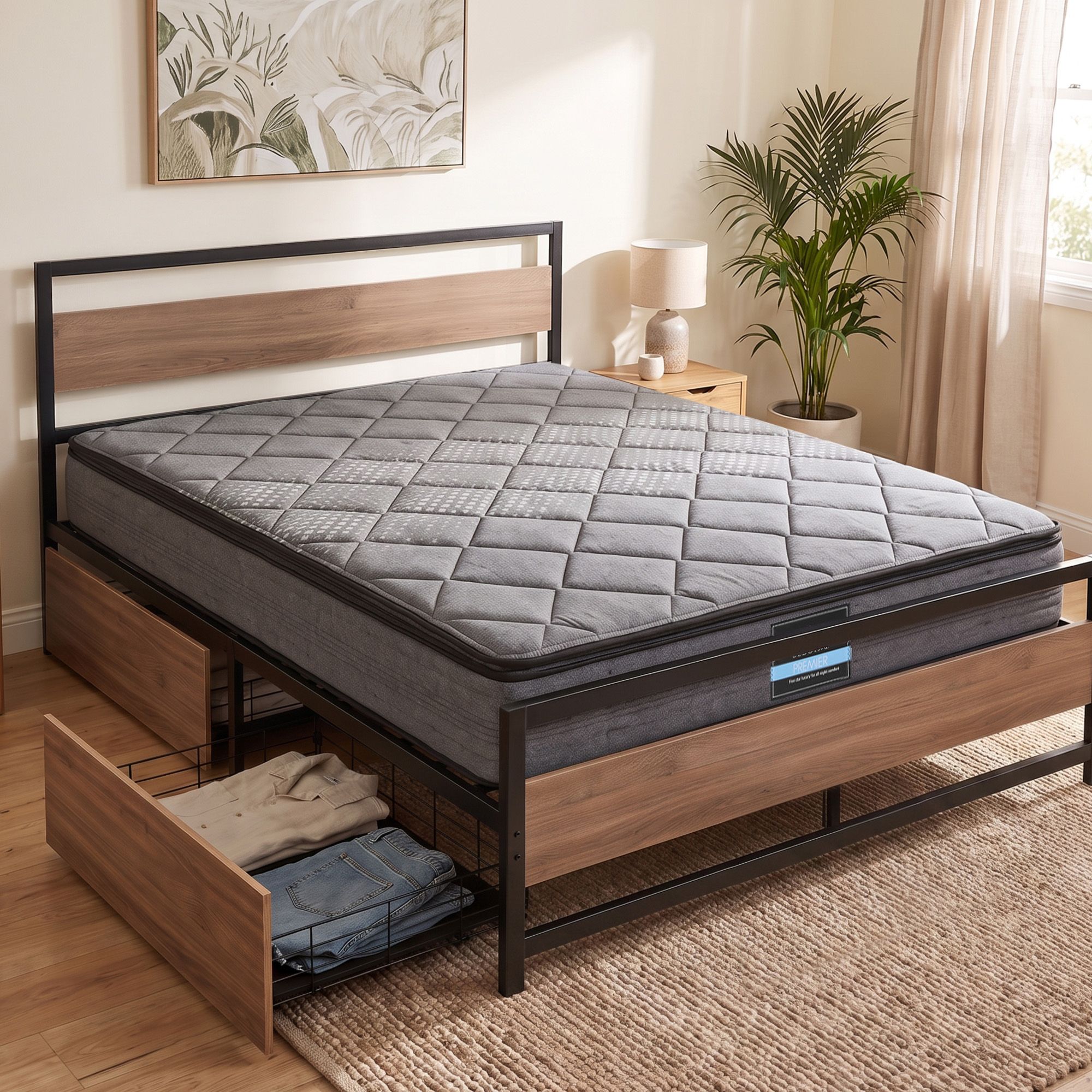 Queen Mattress &Amp; Metal Bed Frame Set With Drawers – Sumo Deals Giselle 18Cm Queen Mattress Pillowtop And Artiss Metal Bed Frame Set With 2 Drawers Product Image