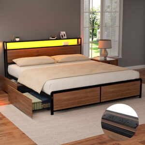 Artiss Metal Bed Frame King Size LED Storage Headboard USB Charge 4 Drawers product image