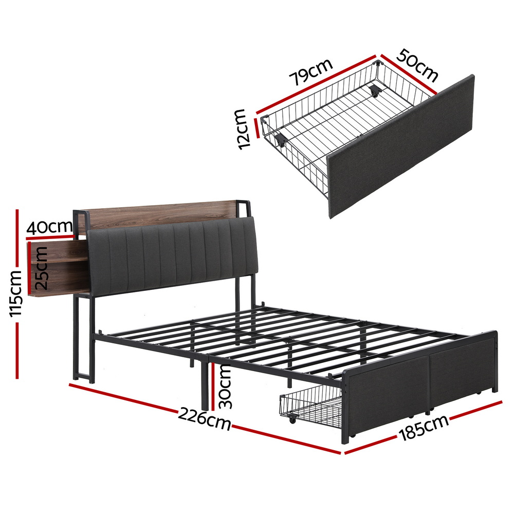 Artiss King Bed Frame | Hidden Storage &Amp; Charging – Sumo Deals Artiss Metal Bed Frame King Size With 2-Tier Hidden Storage With Charging Station Product Image