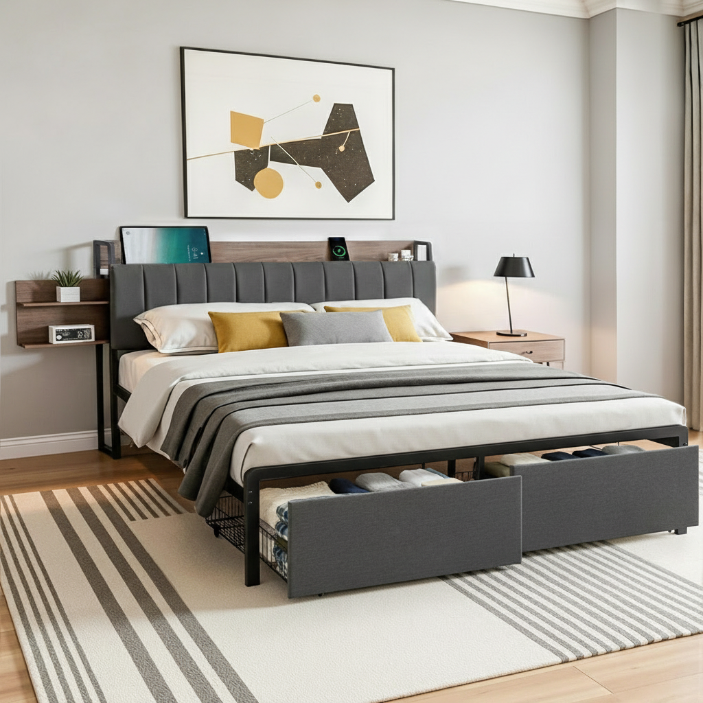 Artiss King Bed Frame | Hidden Storage &Amp; Charging – Sumo Deals Artiss Metal Bed Frame King Size With 2-Tier Hidden Storage With Charging Station Product Image
