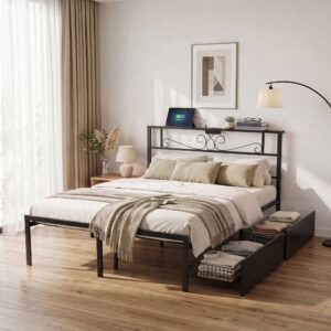 Artiss Double Bed Frame With Charging Station &Amp; Storage Drawers Metal Product Image