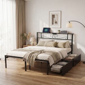 Artiss Queen Bed Frame With Charging Station &Amp; Storage Drawers Metal Product Image