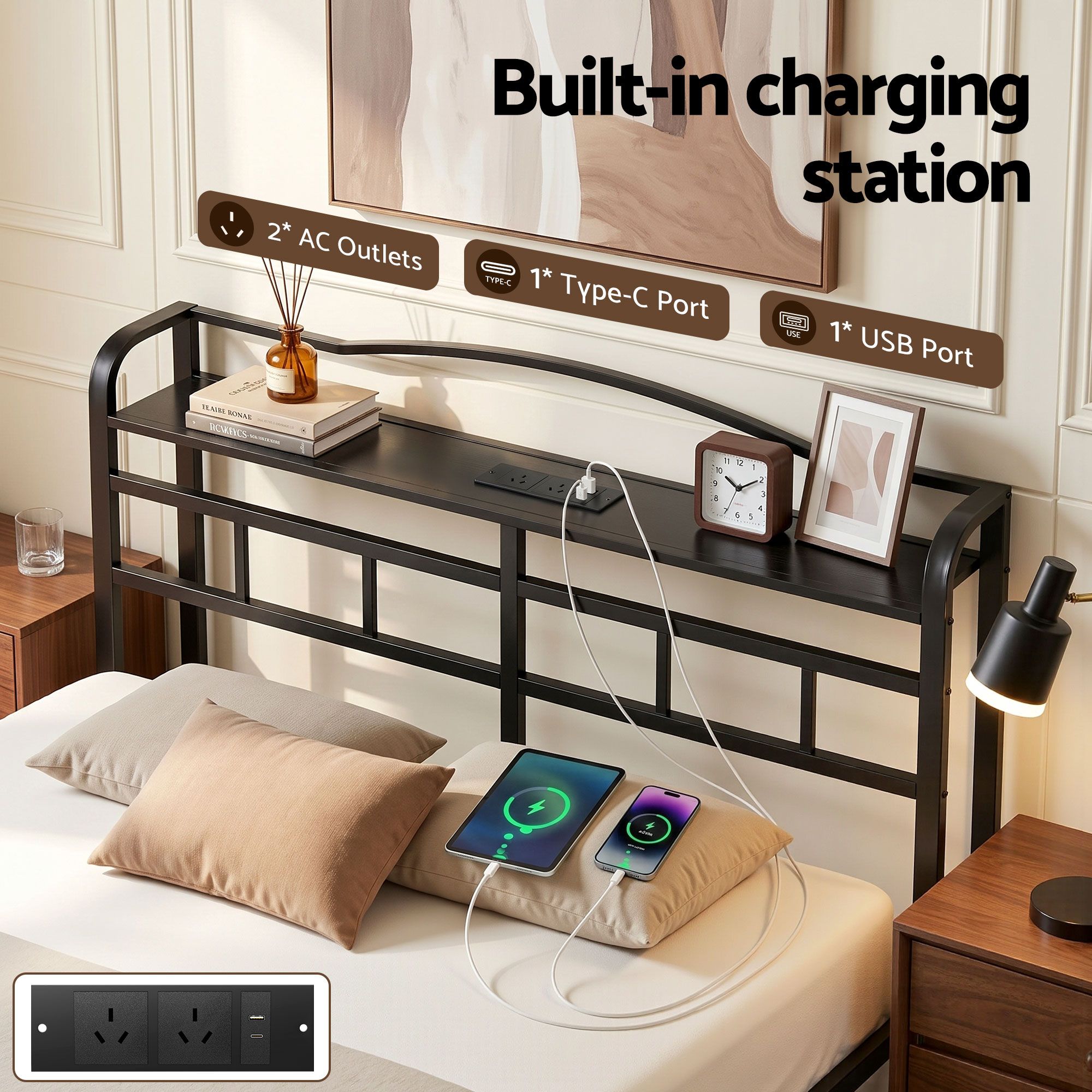 Artiss Double Bed Frame With Charging Station – Sumo Deals Artiss Bed Frame Double Size With Charging Station Wave Product Image