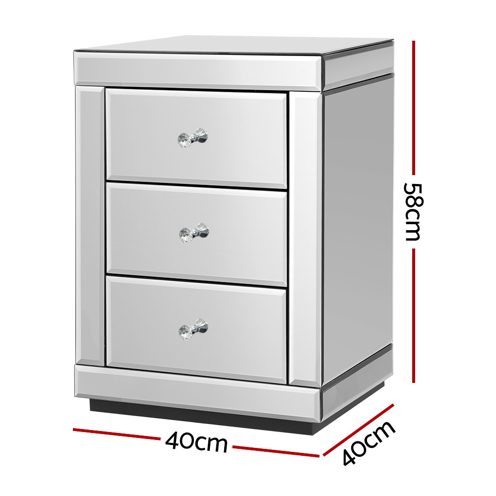 Artiss Presia Mirrored Bedside Table Set (2) – Sumo Deals Artiss Set Of 2 Bedside Table 3 Drawers Mirrored Glass - Presia Silver Product Image