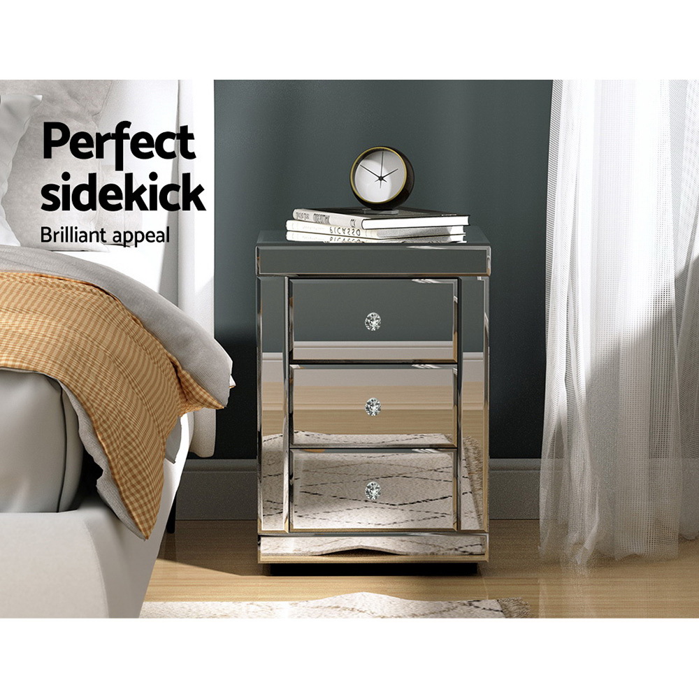 Artiss Presia Mirrored Bedside Table Set (2) – Sumo Deals Artiss Set Of 2 Bedside Table 3 Drawers Mirrored Glass - Presia Silver Product Image