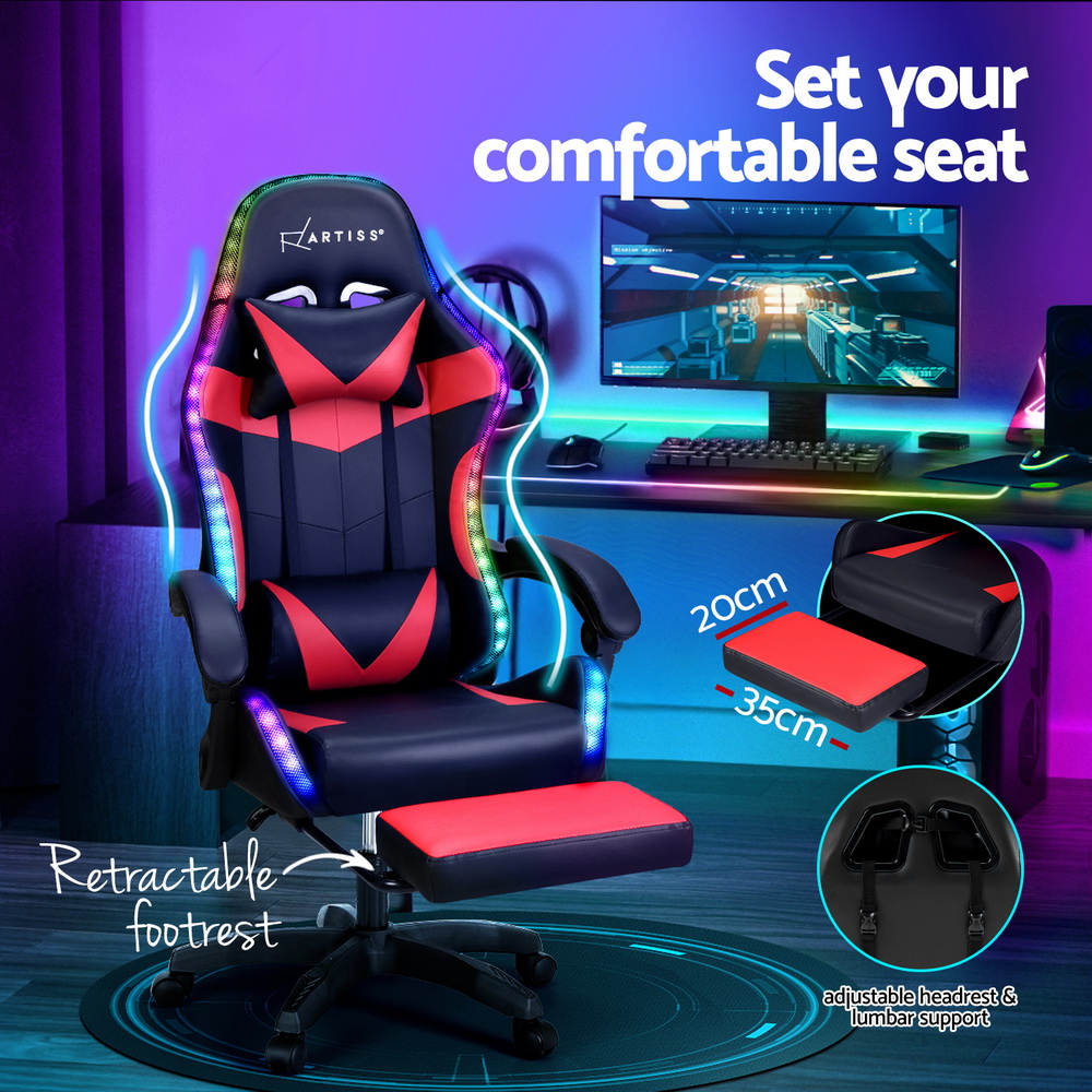 Artiss 6-Point Massage Gaming Chair With Led &Amp; Footrest – Sumo Deals Artiss 6 Point Massage Gaming Office Chair 7 Led Footrest Red Product Image