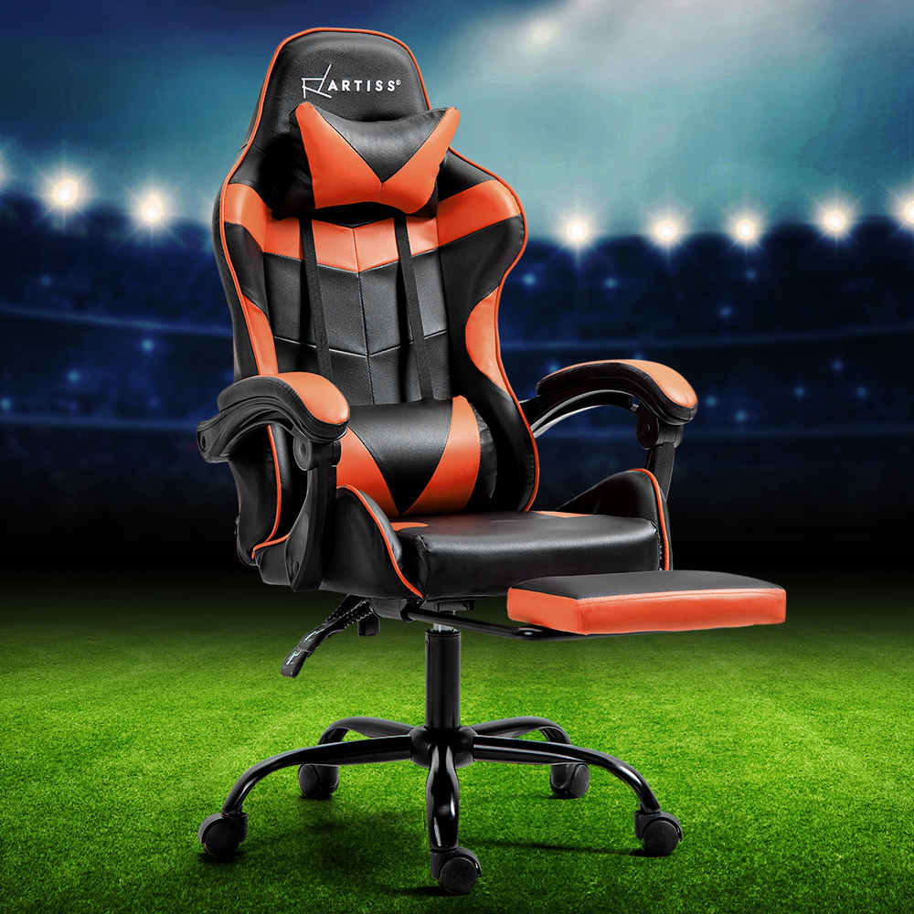 Artiss Gaming Office Chair With Footrest - Orange – Sumo Deals Artiss Gaming Office Chair Executive Computer Leather Chairs Footrest Orange Product Image