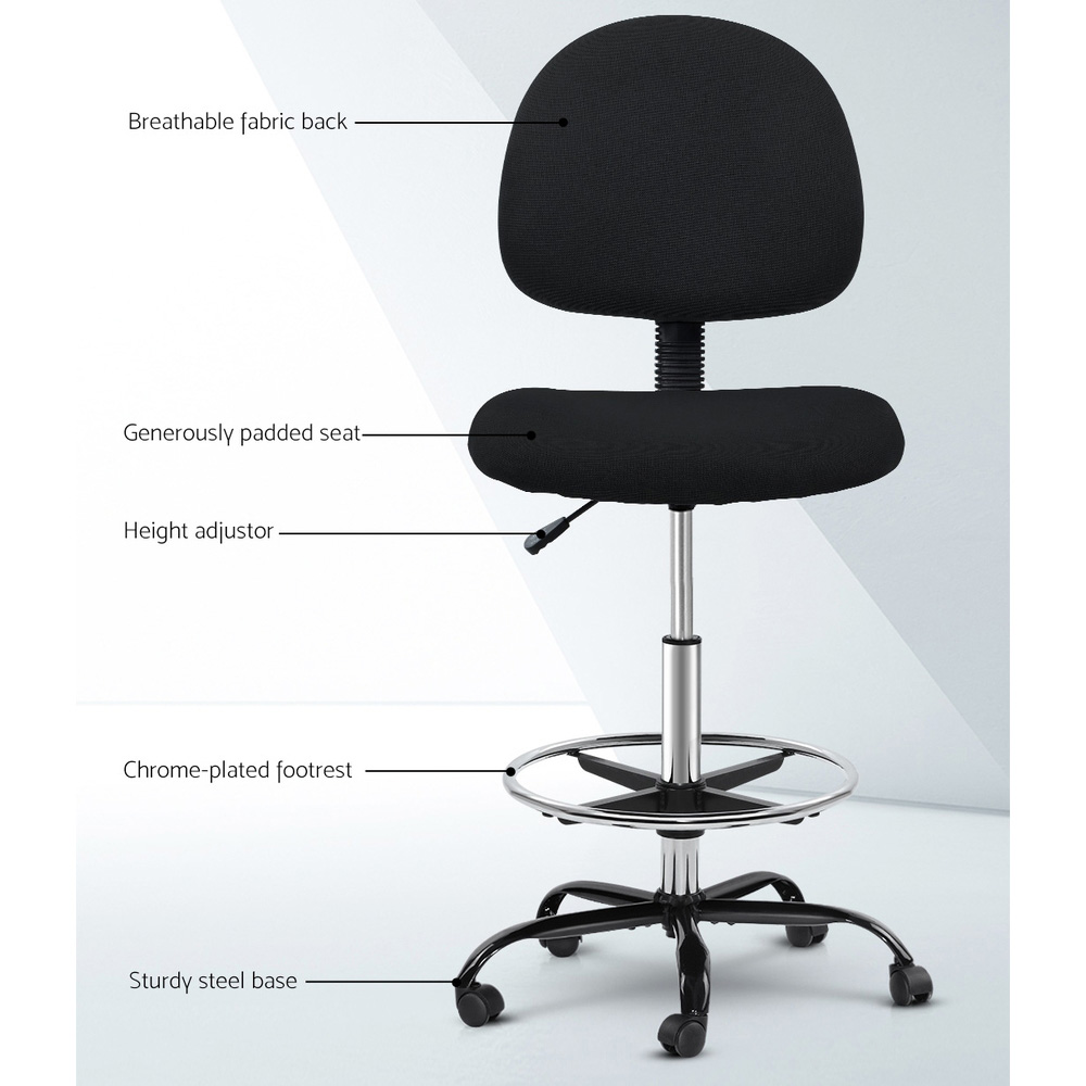 Artiss Drafting Chair Fabric Stool Black – Sumo Deals Artiss Office Chair Drafting Stool Fabric Chairs Black Product Image