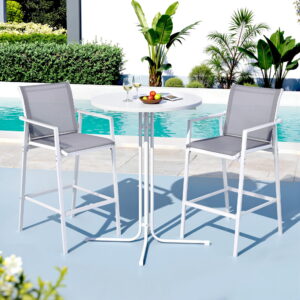 Gardeon 3PC Outdoor Bar Set Stools Dining Chairs Table Patio Furniture Bistro Set Steel White product image