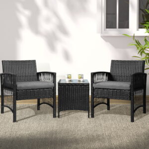 Gardeon 3PC Outdoor Bistro Set Patio Furniture Wicker Dining Chairs Table Cushion Black product image