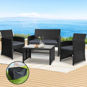 Gardeon 4 PCS Outdoor Sofa Set with Storage Cover Rattan Chair Furniture Black product image