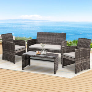 Gardeon 4 PCS Outdoor Sofa Set Rattan Chair Table Setting Garden Furniture Grey product image