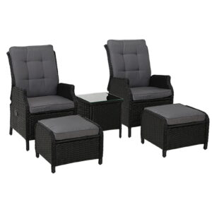 Gardeon 5PC Recliner Chairs Table Sun lounge Wicker Outdoor Furniture Adjustable Black product image