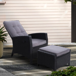 Gardeon Recliner Chair Sun lounge Wicker Lounger Outdoor Patio Furniture Adjustable Black product image