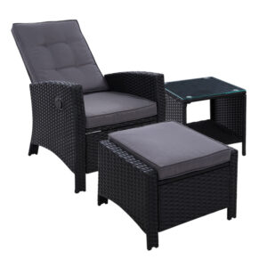 Gardeon 3PC Recliner Chairs Table Sun lounge Wicker Outdoor Furniture Adjustable Black product image