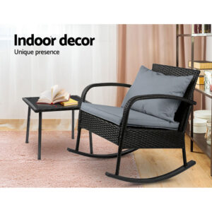 Gardeon 2Pc Rocking Chair Table Wicker Outdoor Furniture Patio Lounge Setting Product Image