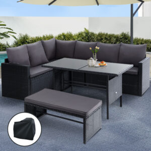 Gardeon Outdoor Dining Set Sofa Lounge Setting Chairs Table Bench Black Cover product image
