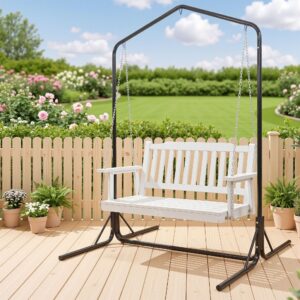 Gardeon Wooden 2-Seater Outdoor Swing Chair with Black Stand White Hanging Chair product image