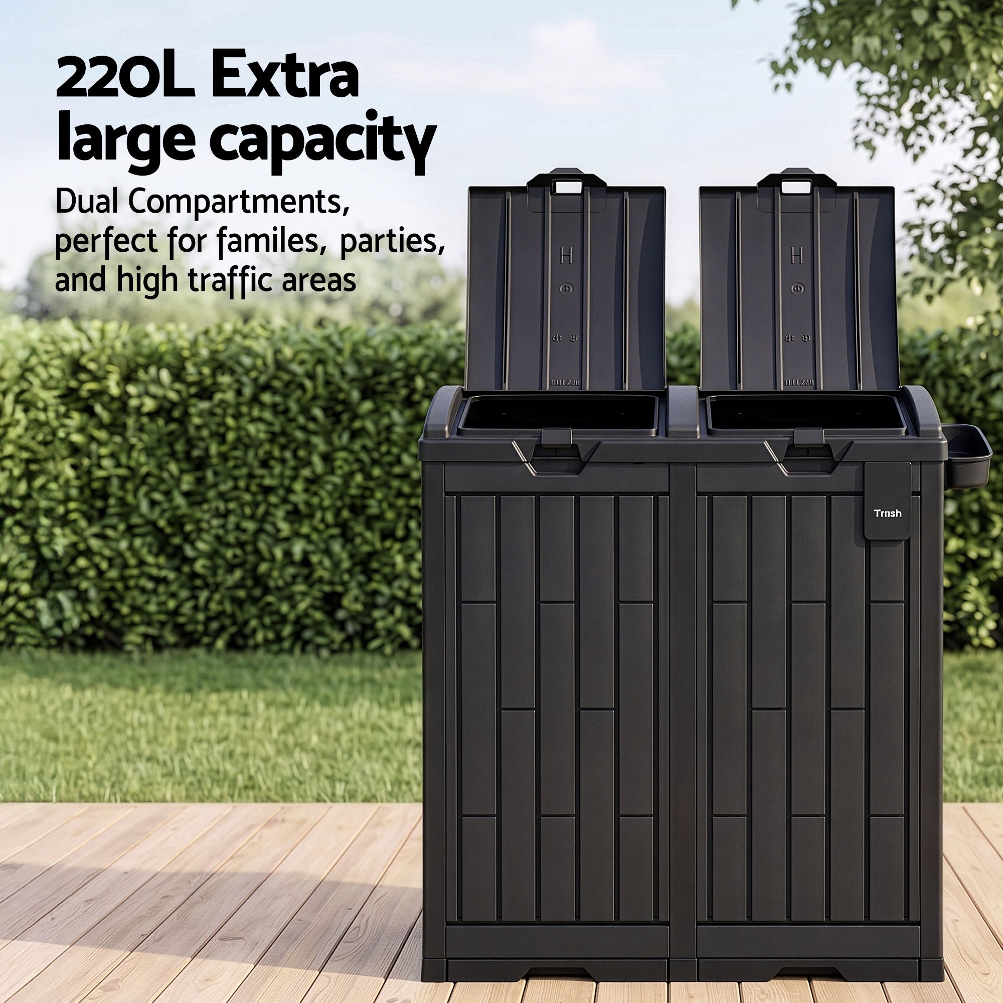 Dual Compartment Trash Can 220L Black – Sumo Deals Gardeon Outdoor Trash Cans Dual Compartment Trash Can 220L Black Product Image