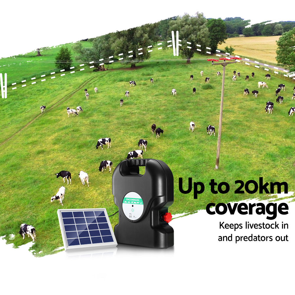 Giantz Solar Electric Fence Energiser 20Km 1.2J – Sumo Deals Giantz Fence Energiser 20Km Solar Powered 1.2J Electric Product Image