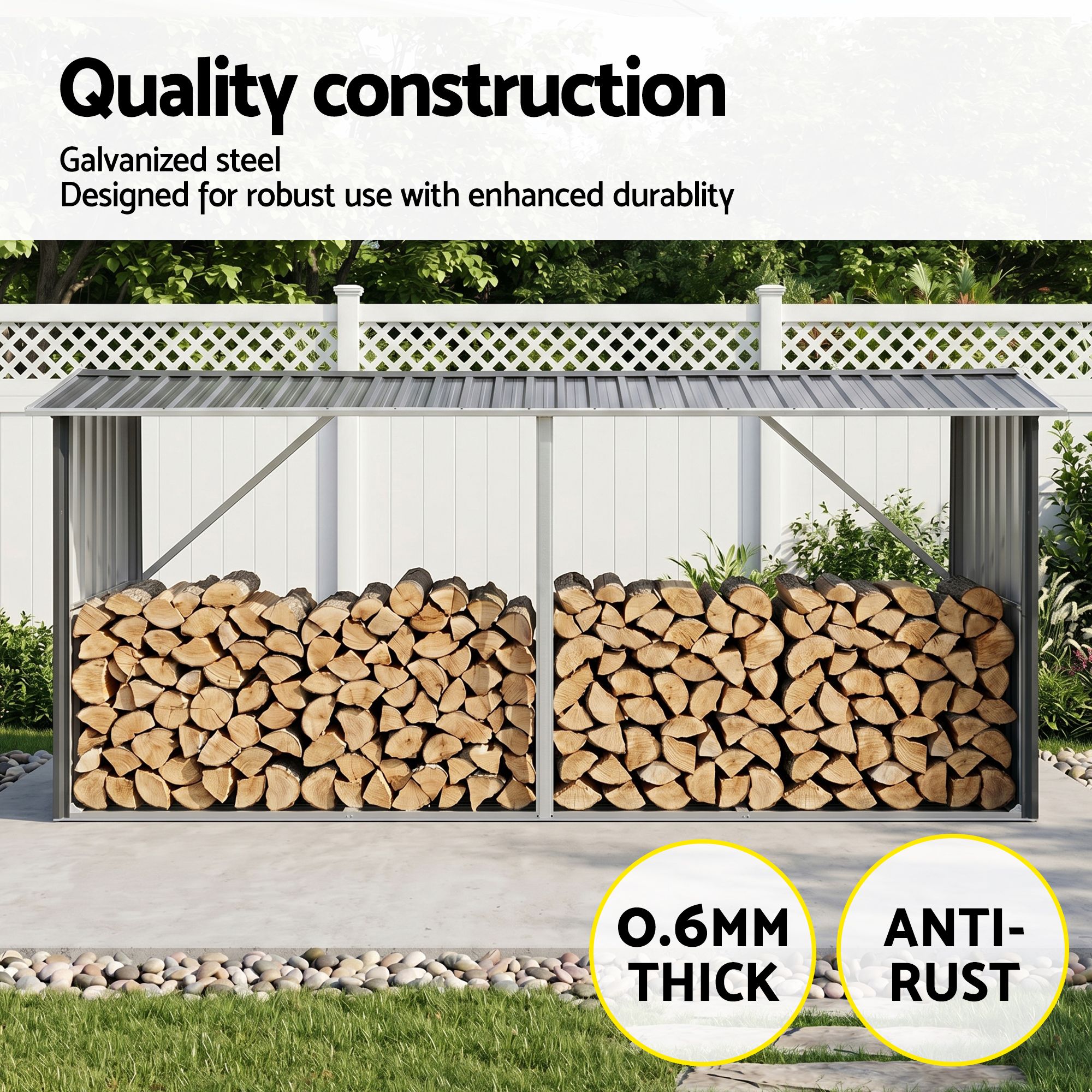 Giantz Firewood Storage Shed | 3.3M Galvanised Steel – Sumo Deals Giantz Firewood Storage Shed 334.5Cm X 92Cm Outdoor Log Rack Galvanised Steel Wood Holder Product Image