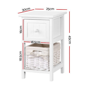 Artiss Rustic White Bedside Table With Drawer &Amp; Basket (2-Pa – Sumo Deals Artiss Bedside Table 1 Drawer With Basket Rustic White X2 Product Image