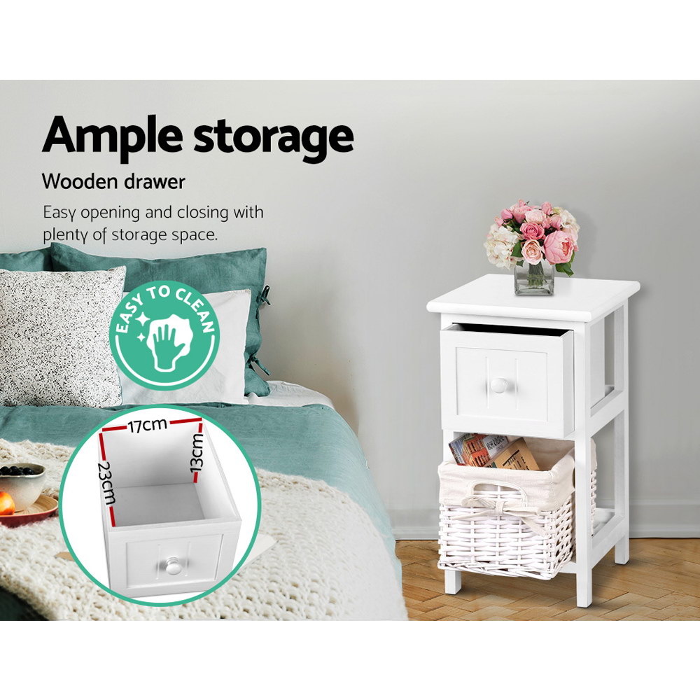 Artiss Rustic White Bedside Table With Drawer &Amp; Basket (2-Pa – Sumo Deals Artiss Bedside Table 1 Drawer With Basket Rustic White X2 Product Image