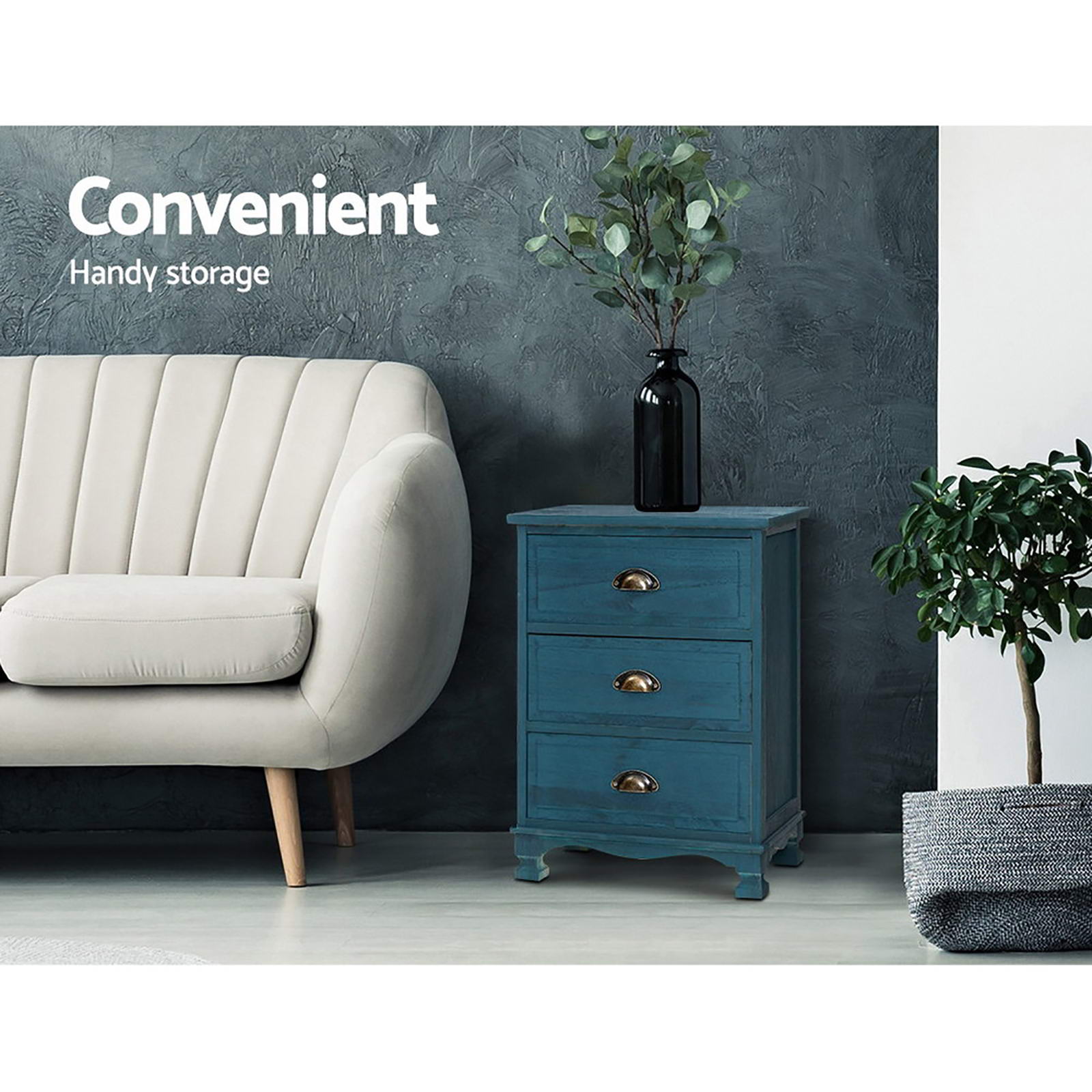 Artiss Thyme Blue Bedside Table, 3 Drawers – Sumo Deals Artiss 2X Bedside Table 3 Drawers Vintage - Thyme Blue Product Image