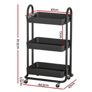Artiss Storage Trolley Kitchen Cart 3 Tiers Rack Shelf Organiser Wheels Black Product Image