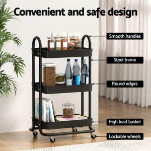 Artiss Storage Trolley Kitchen Cart 3 Tiers Rack Shelf Organiser Wheels Black Product Image