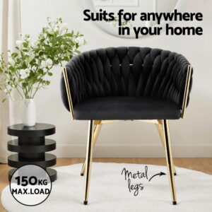 Artiss Velvet Dining Chair | Black Weave Armchair – Sumo Deals Artiss 1X Dining Chair Armchair Cafe Kitchen Lounge Chairs Velvet Weaving Black Product Image
