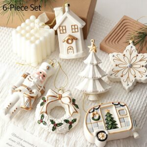 White & Gold Christmas Hanging Ornament Set 6 Pieces