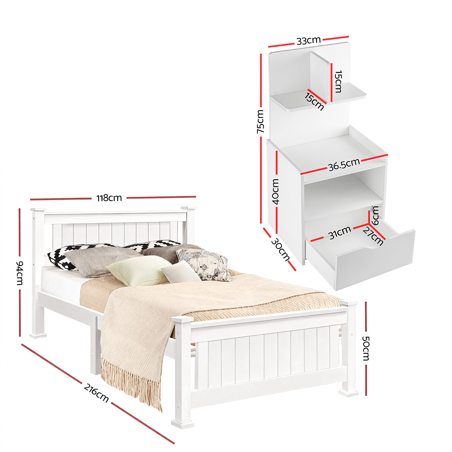 Artiss King Single Bed Frame &Amp; Bedside Table White – Sumo Deals Artiss King Single Bed Frame And Bedside Table White Product Image