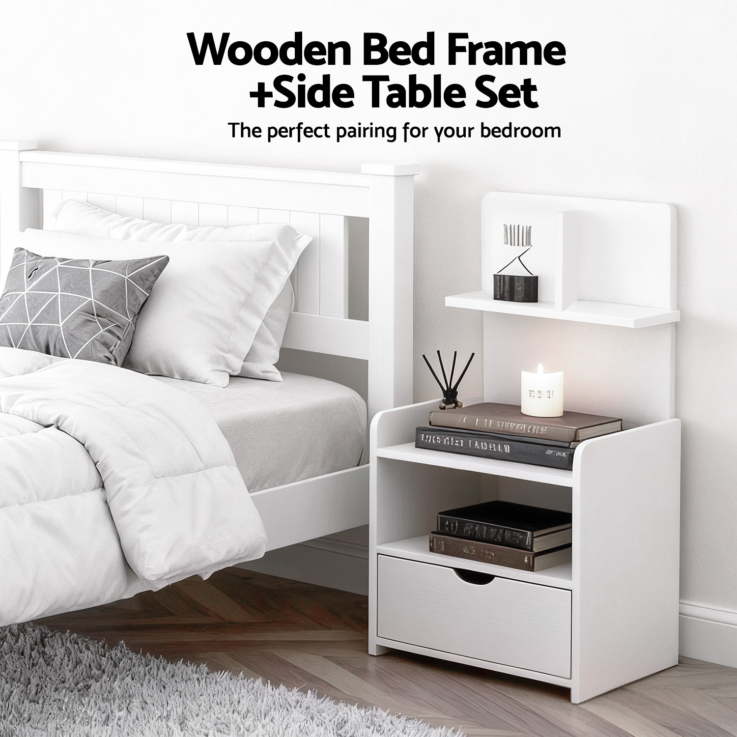 Artiss King Single Bed Frame &Amp; Bedside Table White – Sumo Deals Artiss King Single Bed Frame And Bedside Table White Product Image