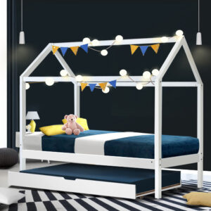 Artiss Bed Frame Wooden Trundle Daybed Kids House Frame White HOLY product image